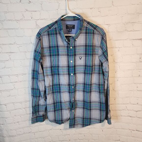 Men's American Eagle Athletic Cut Blue Plaid Shirt, Size XL - Picture 1 of 4